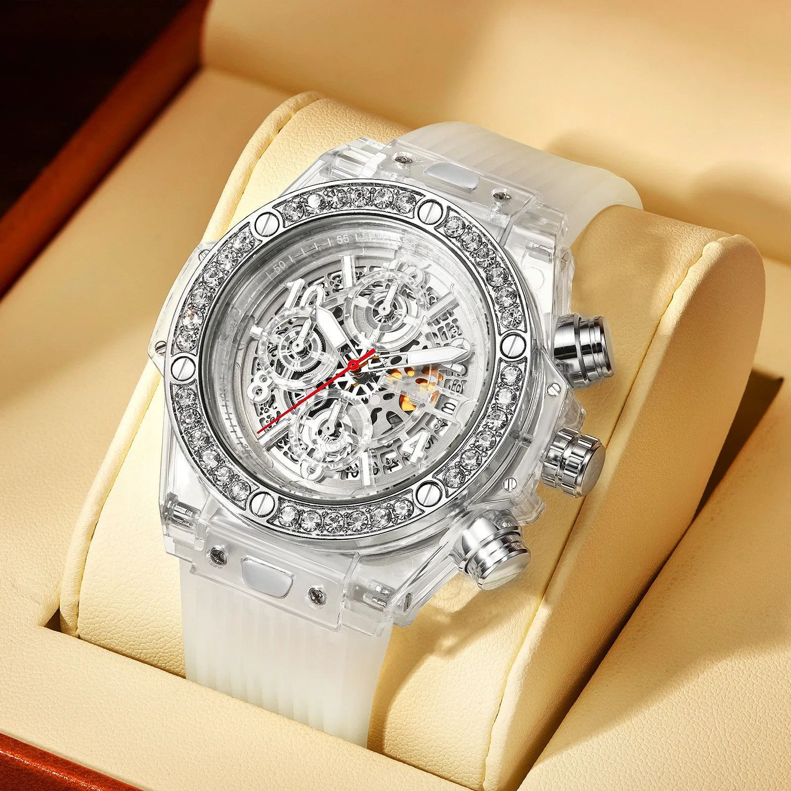 Y3 Diamond Inlaid Transparent Band Quartz Watch Waterproof